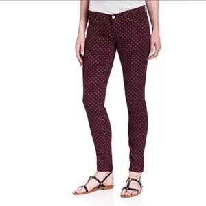 ROXY Low Rise Stretch SKINNY Leg Maroon Polka Dot Jeans Sz 7/28 Surf Beach Retro